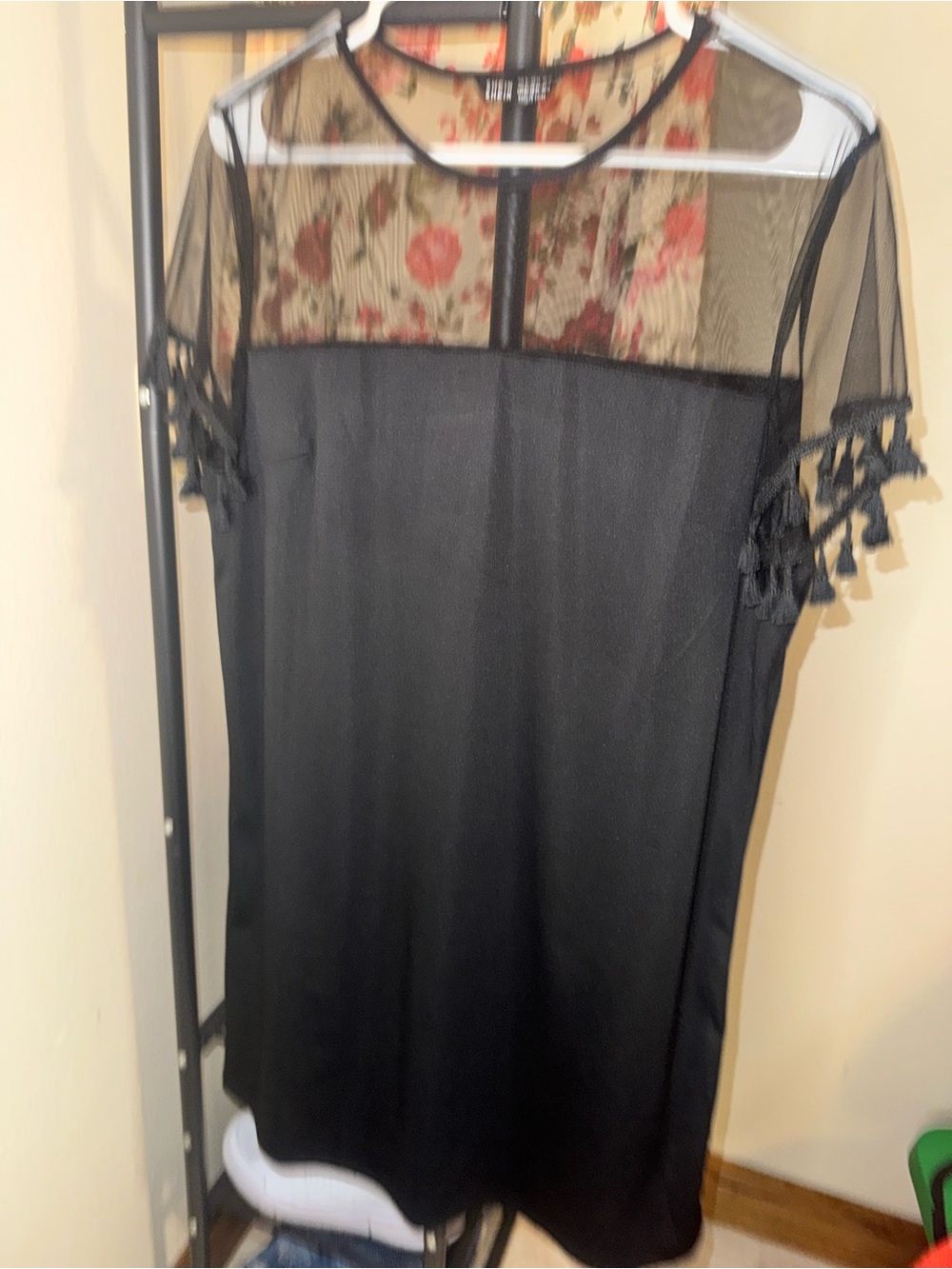 SHEIN Black Mesh Yoke Tassel-Sleeve Dress
